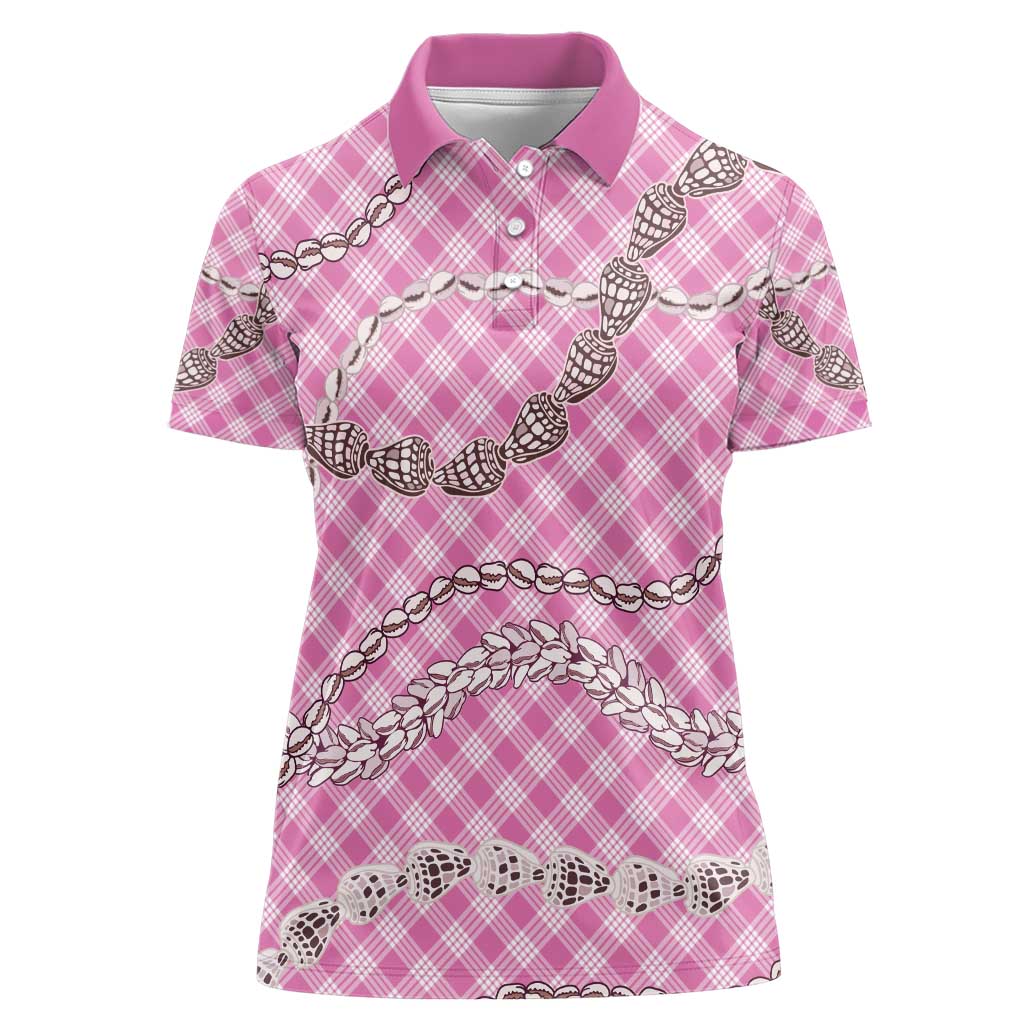 Pink Aloha Hawaii Shell Lei Women Polo Shirt Palaka Hebrew Cone Honey Cowrie Elegant Curves - Polynesian Pride