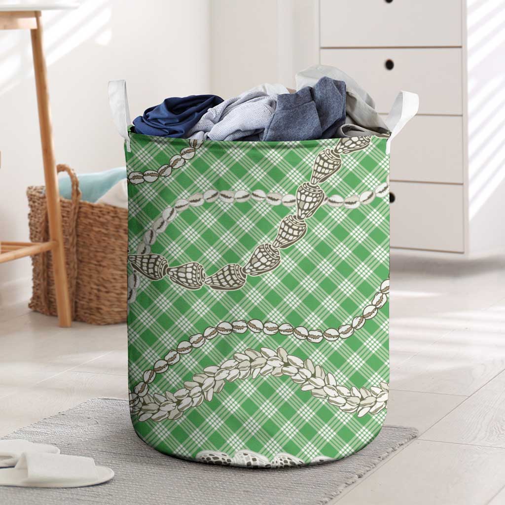 Green Aloha Hawaii Shell Lei Laundry Basket Palaka Hebrew Cone Honey Cowrie Elegant Curves - Polynesian Pride