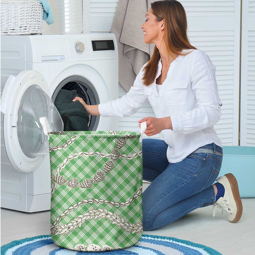 Green Aloha Hawaii Shell Lei Laundry Basket Palaka Hebrew Cone Honey Cowrie Elegant Curves - Polynesian Pride