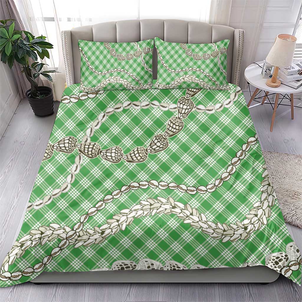 Green Aloha Hawaii Shell Lei Bedding Set Palaka Hebrew Cone Honey Cowrie Elegant Curves - Polynesian Pride
