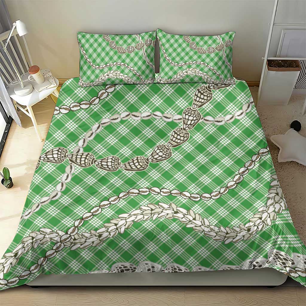 Green Aloha Hawaii Shell Lei Bedding Set Palaka Hebrew Cone Honey Cowrie Elegant Curves - Polynesian Pride