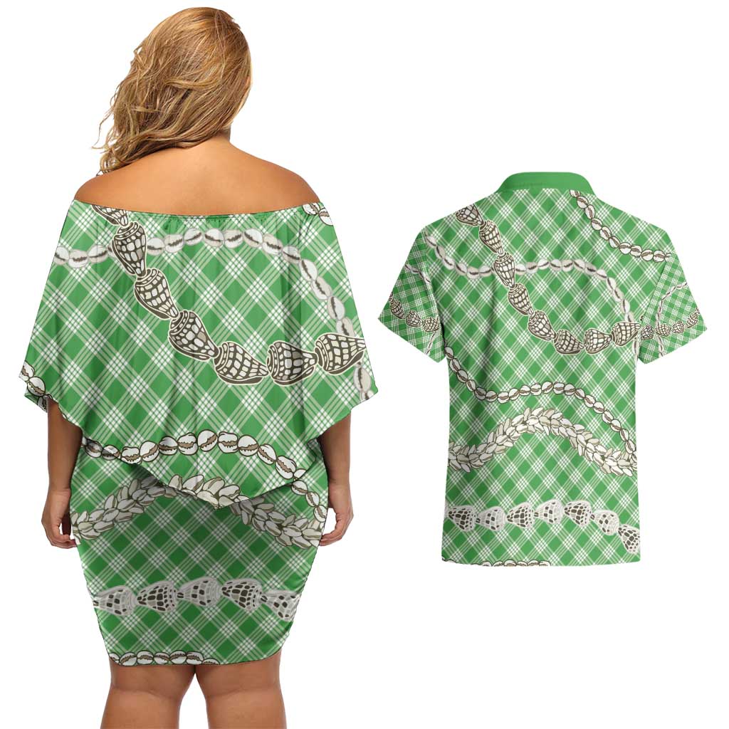 Green Aloha Hawaii Shell Lei Couples Matching Off Shoulder Short Dress and Hawaiian Shirt Palaka Hebrew Cone Honey Cowrie Elegant Curves - Polynesian Pride