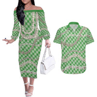 Green Aloha Hawaii Shell Lei Couples Matching Off The Shoulder Long Sleeve Dress and Hawaiian Shirt Palaka Hebrew Cone Honey Cowrie Elegant Curves - Polynesian Pride