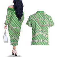 Green Aloha Hawaii Shell Lei Couples Matching Off The Shoulder Long Sleeve Dress and Hawaiian Shirt Palaka Hebrew Cone Honey Cowrie Elegant Curves - Polynesian Pride
