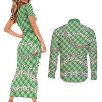 Green Aloha Hawaii Shell Lei Couples Matching Short Sleeve Bodycon Dress and Long Sleeve Button Shirt Palaka Hebrew Cone Honey Cowrie Elegant Curves - Polynesian Pride