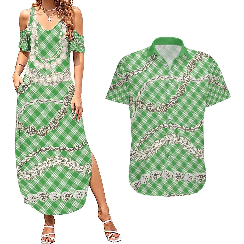 Green Aloha Hawaii Shell Lei Couples Matching Summer Maxi Dress and Hawaiian Shirt Palaka Hebrew Cone Honey Cowrie Elegant Curves - Polynesian Pride