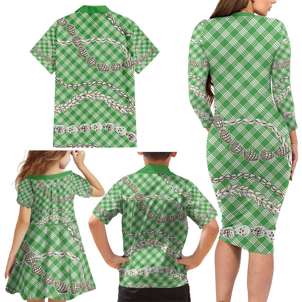 Green Aloha Hawaii Shell Lei Family Matching Long Sleeve Bodycon Dress and Hawaiian Shirt Palaka Hebrew Cone Honey Cowrie Elegant Curves - Polynesian Pride