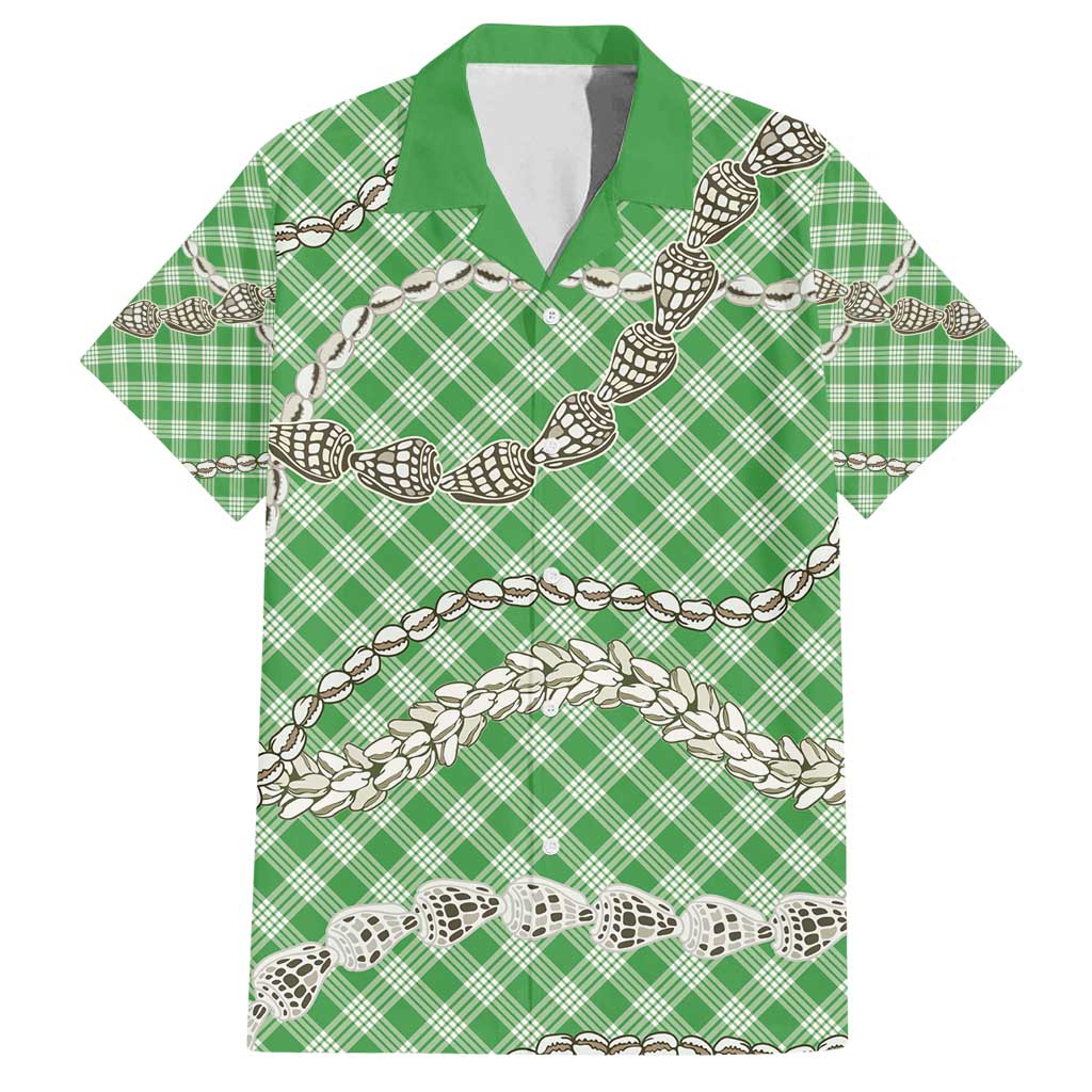 Green Aloha Hawaii Shell Lei Family Matching Long Sleeve Bodycon Dress and Hawaiian Shirt Palaka Hebrew Cone Honey Cowrie Elegant Curves - Polynesian Pride