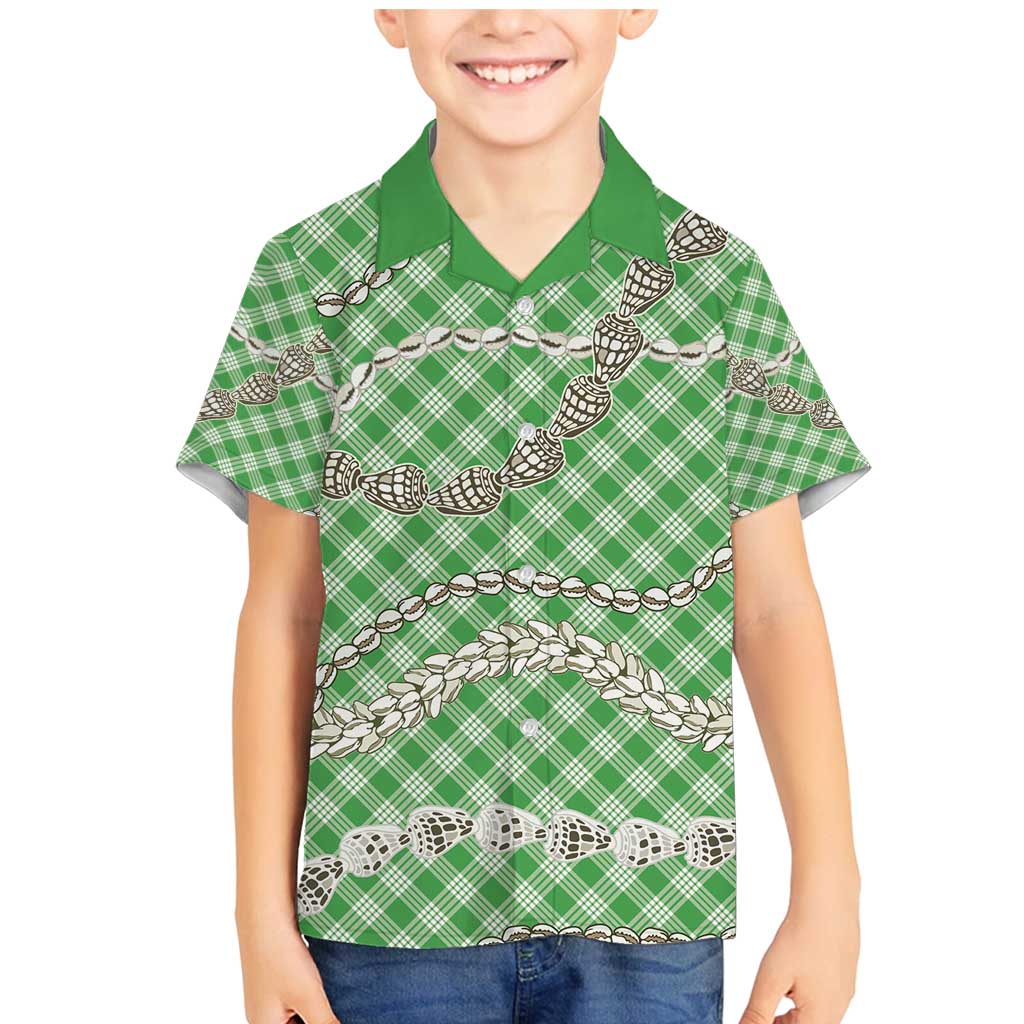 Green Aloha Hawaii Shell Lei Family Matching Mermaid Dress and Hawaiian Shirt Palaka Hebrew Cone Honey Cowrie Elegant Curves - Polynesian Pride