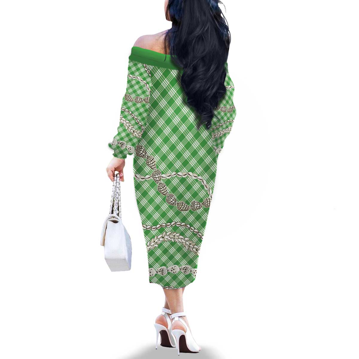 Green Aloha Hawaii Shell Lei Family Matching Off The Shoulder Long Sleeve Dress and Hawaiian Shirt Palaka Hebrew Cone Honey Cowrie Elegant Curves - Polynesian Pride