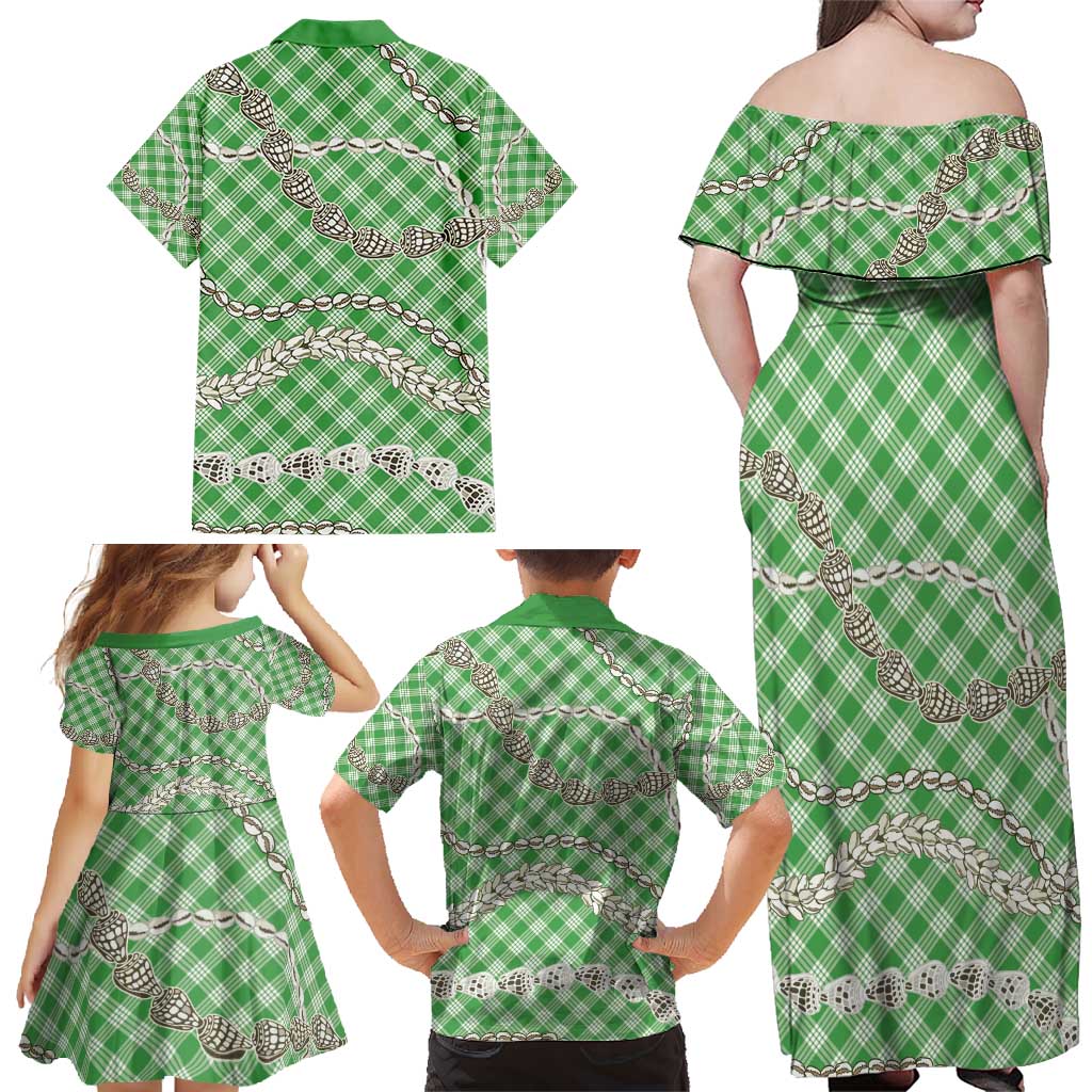 Green Aloha Hawaii Shell Lei Family Matching Off Shoulder Maxi Dress and Hawaiian Shirt Palaka Hebrew Cone Honey Cowrie Elegant Curves - Polynesian Pride