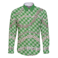 Green Aloha Hawaii Shell Lei Family Matching Off Shoulder Maxi Dress and Hawaiian Shirt Palaka Hebrew Cone Honey Cowrie Elegant Curves - Polynesian Pride