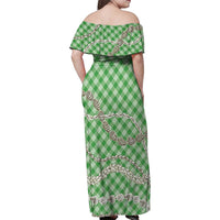 Green Aloha Hawaii Shell Lei Family Matching Off Shoulder Maxi Dress and Hawaiian Shirt Palaka Hebrew Cone Honey Cowrie Elegant Curves - Polynesian Pride