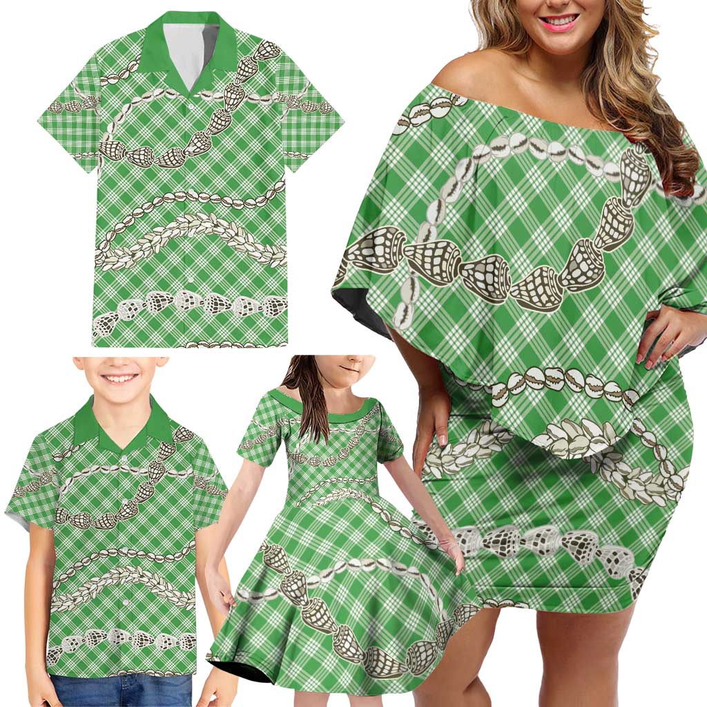 Green Aloha Hawaii Shell Lei Family Matching Off Shoulder Short Dress and Hawaiian Shirt Palaka Hebrew Cone Honey Cowrie Elegant Curves - Polynesian Pride