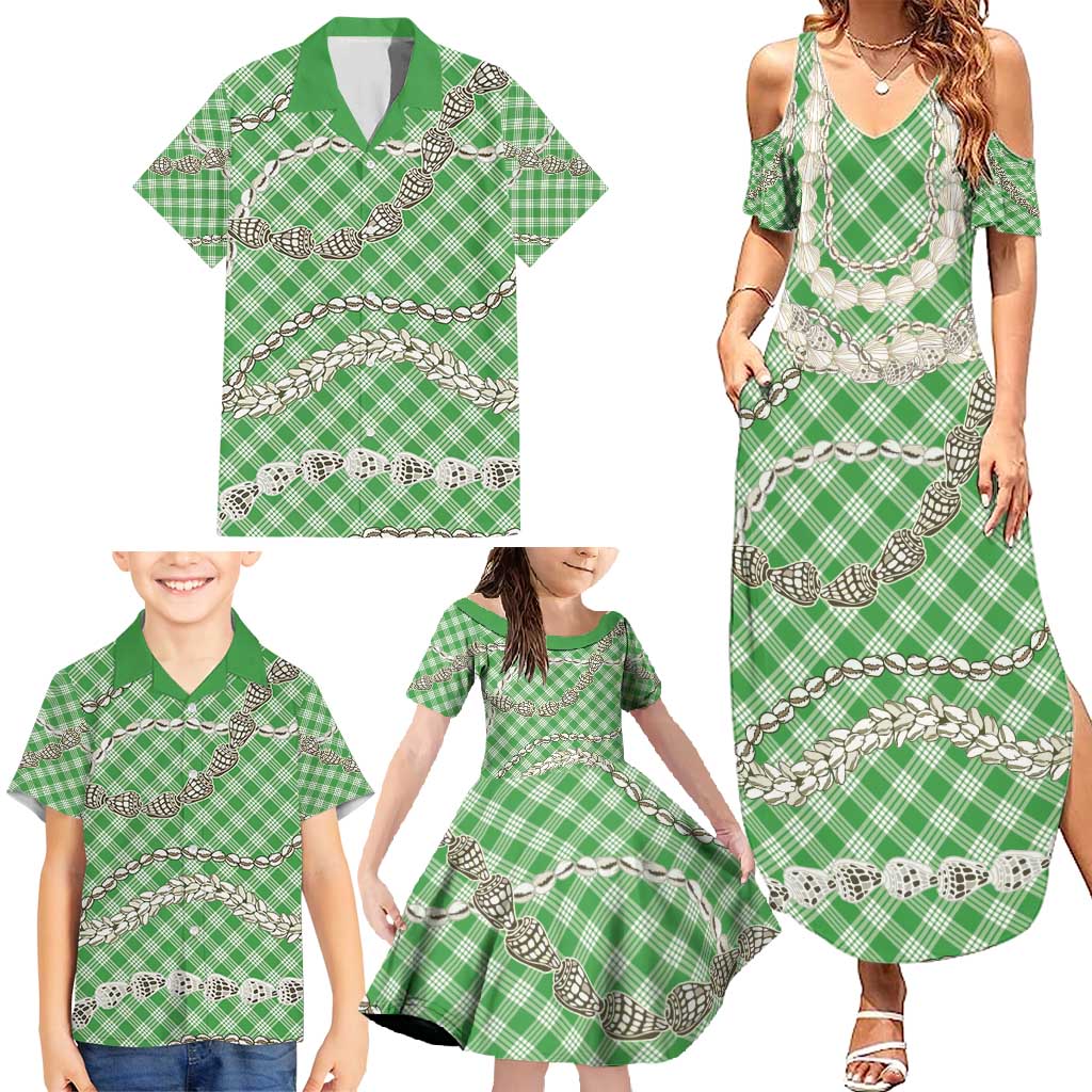 Green Aloha Hawaii Shell Lei Family Matching Summer Maxi Dress and Hawaiian Shirt Palaka Hebrew Cone Honey Cowrie Elegant Curves - Polynesian Pride