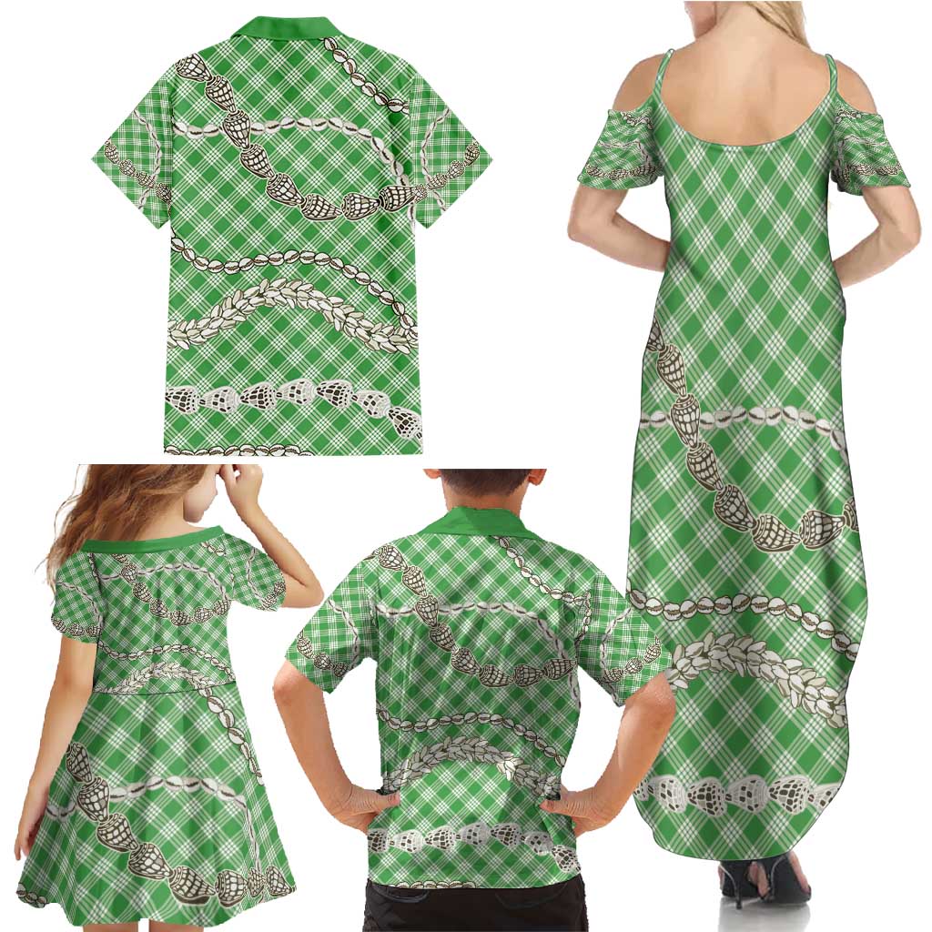 Green Aloha Hawaii Shell Lei Family Matching Summer Maxi Dress and Hawaiian Shirt Palaka Hebrew Cone Honey Cowrie Elegant Curves - Polynesian Pride