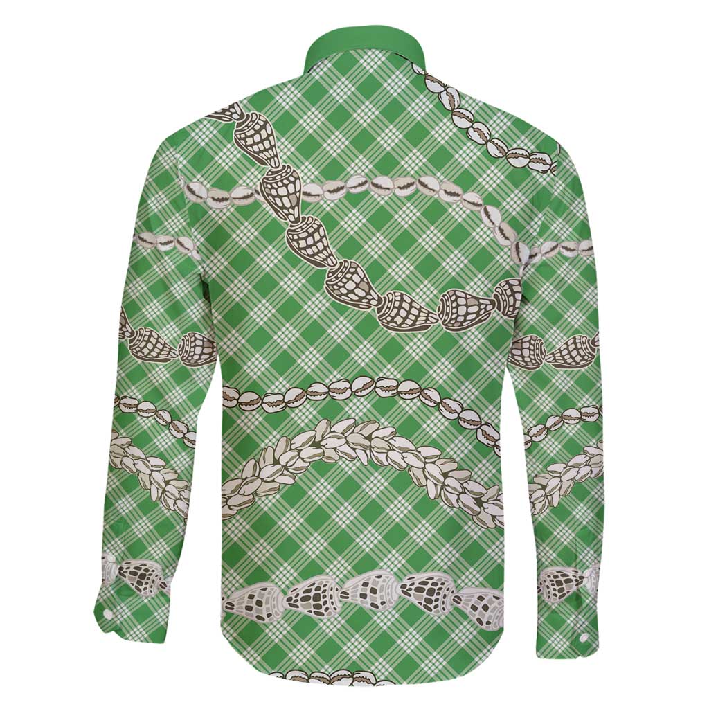 Green Aloha Hawaii Shell Lei Family Matching Summer Maxi Dress and Hawaiian Shirt Palaka Hebrew Cone Honey Cowrie Elegant Curves - Polynesian Pride