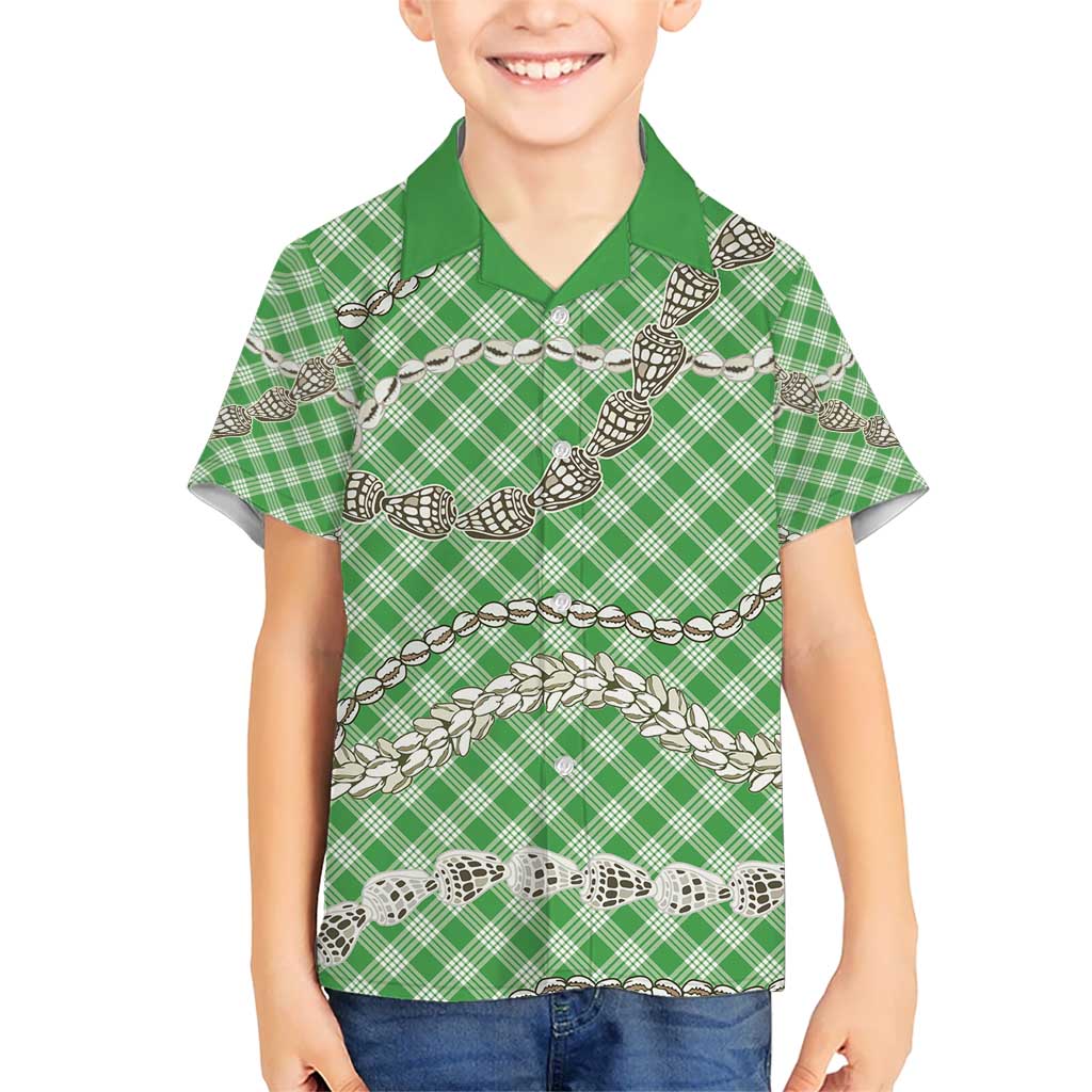 Green Aloha Hawaii Shell Lei Hawaiian Shirt Palaka Hebrew Cone Honey Cowrie Elegant Curves - Polynesian Pride