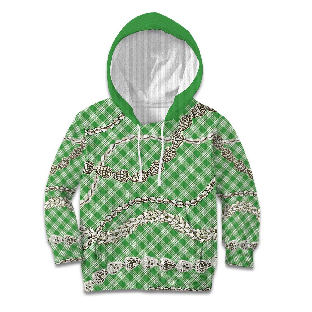 Green Aloha Hawaii Shell Lei Kid Hoodie Palaka Hebrew Cone Honey Cowrie Elegant Curves - Polynesian Pride