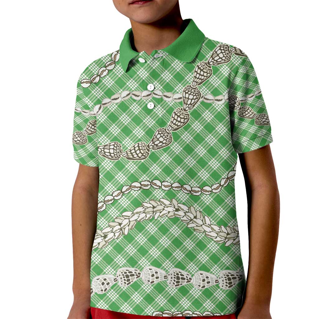 Green Aloha Hawaii Shell Lei Kid Polo Shirt Palaka Hebrew Cone Honey Cowrie Elegant Curves - Polynesian Pride
