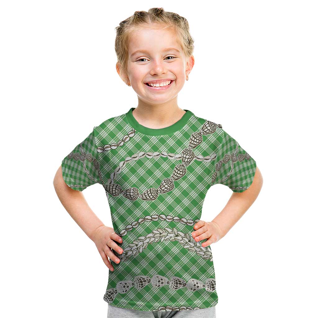Green Aloha Hawaii Shell Lei Kid T Shirt Palaka Hebrew Cone Honey Cowrie Elegant Curves - Polynesian Pride