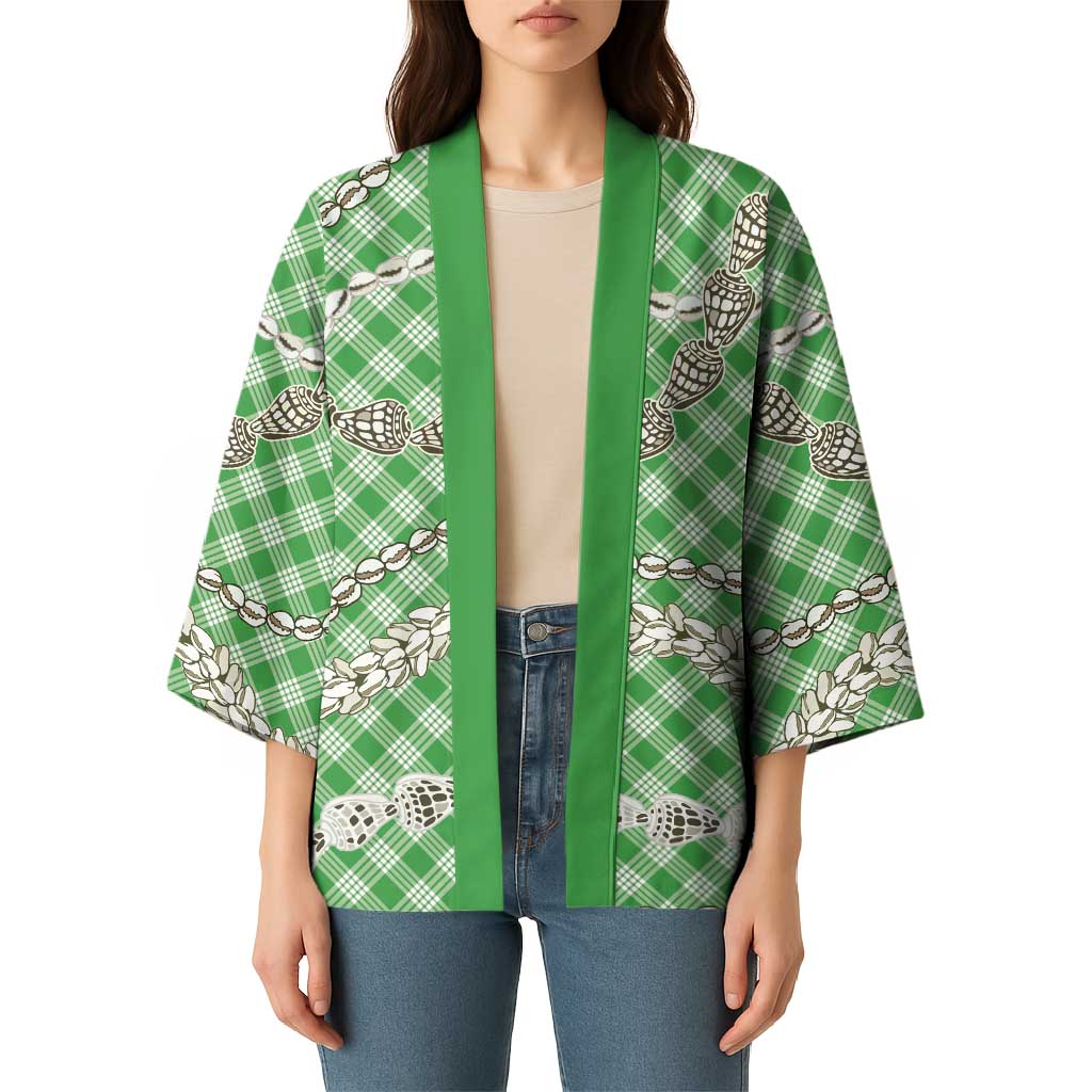 Green Aloha Hawaii Shell Lei Kimono Palaka Hebrew Cone Honey Cowrie Elegant Curves - Polynesian Pride