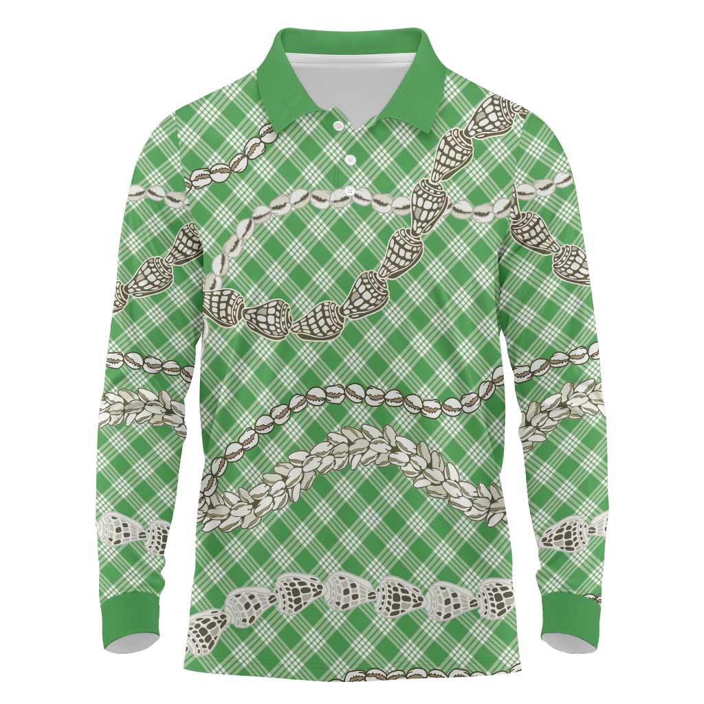 Green Aloha Hawaii Shell Lei Long Sleeve Polo Shirt Palaka Hebrew Cone Honey Cowrie Elegant Curves - Polynesian Pride
