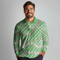 Green Aloha Hawaii Shell Lei Long Sleeve Polo Shirt Palaka Hebrew Cone Honey Cowrie Elegant Curves - Polynesian Pride