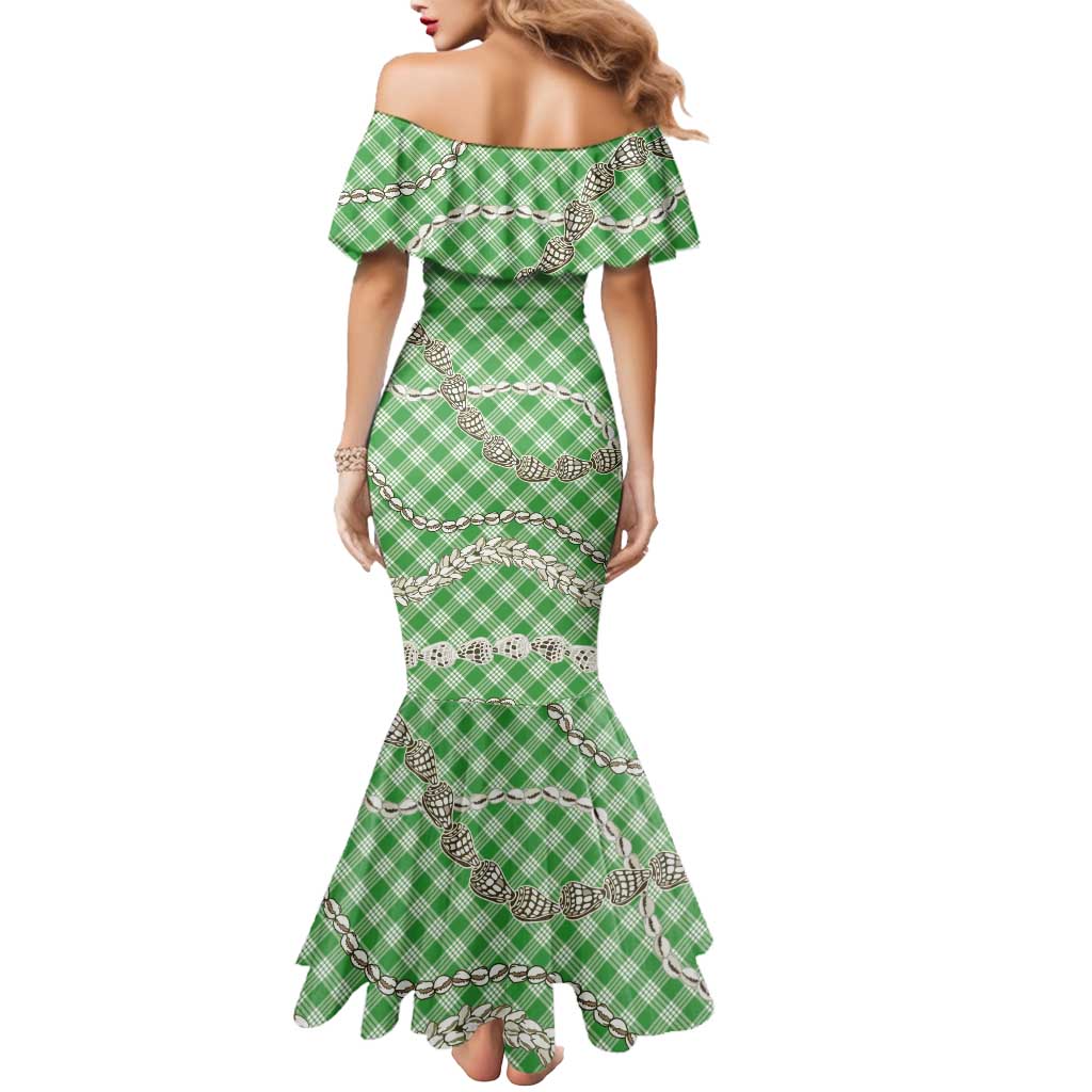 Green Aloha Hawaii Shell Lei Mermaid Dress Palaka Hebrew Cone Honey Cowrie Elegant Curves - Polynesian Pride