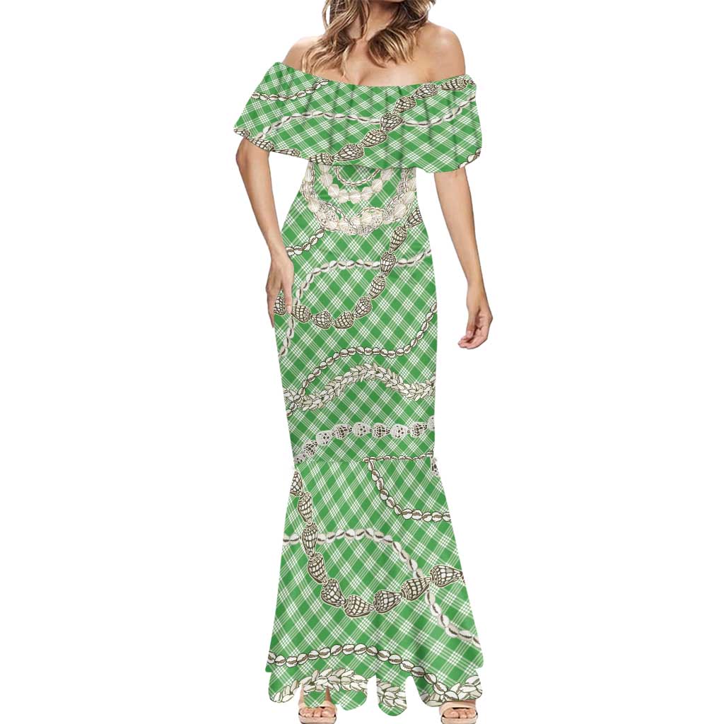 Green Aloha Hawaii Shell Lei Mermaid Dress Palaka Hebrew Cone Honey Cowrie Elegant Curves - Polynesian Pride