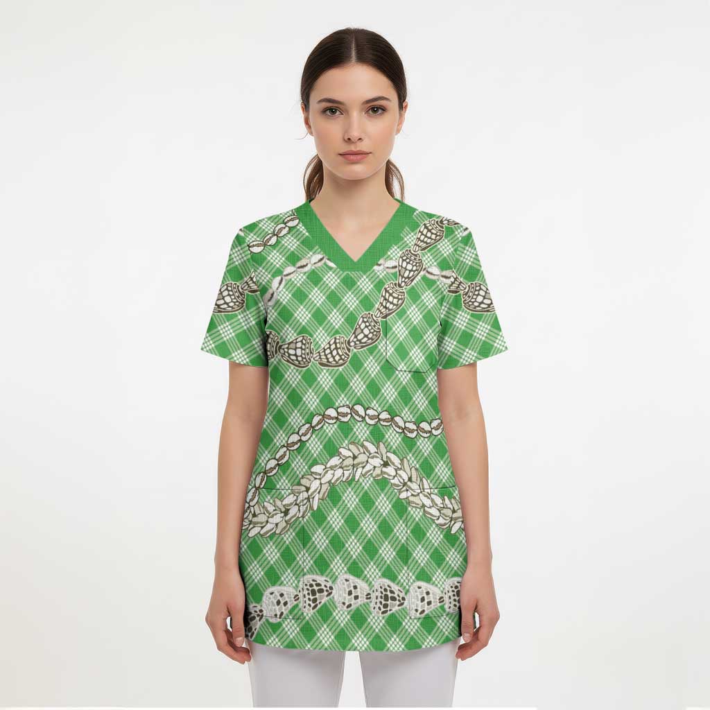 Green Aloha Hawaii Shell Lei Scrub Top Palaka Hebrew Cone Honey Cowrie Elegant Curves - Polynesian Pride