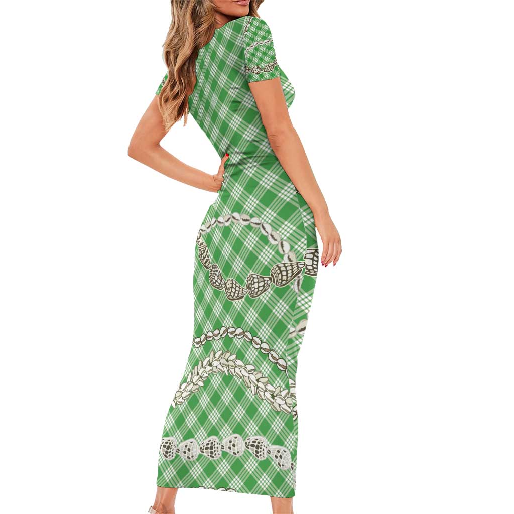 Green Aloha Hawaii Shell Lei Short Sleeve Bodycon Dress Palaka Hebrew Cone Honey Cowrie Elegant Curves - Polynesian Pride