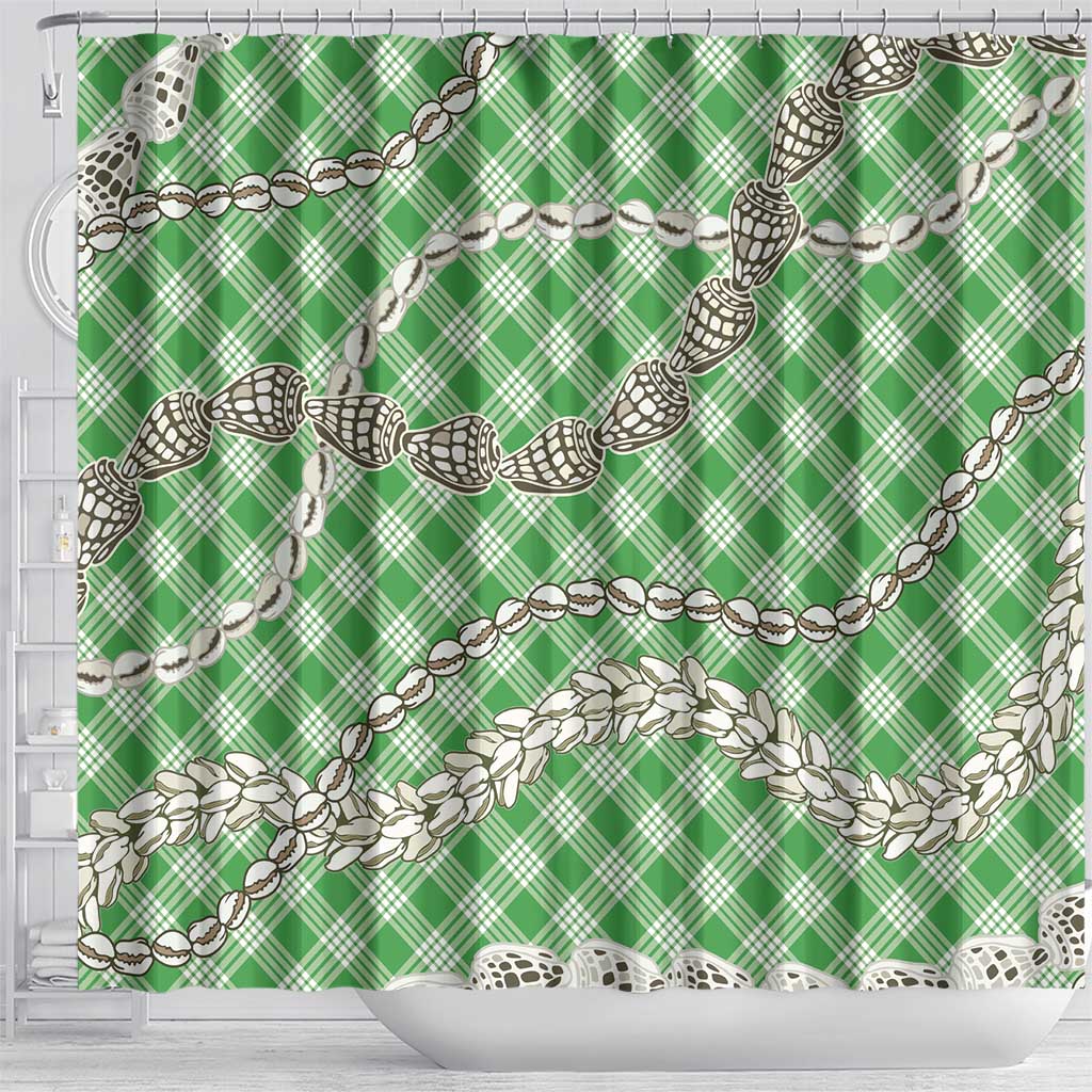 Green Aloha Hawaii Shell Lei Shower Curtain Palaka Hebrew Cone Honey Cowrie Elegant Curves - Polynesian Pride