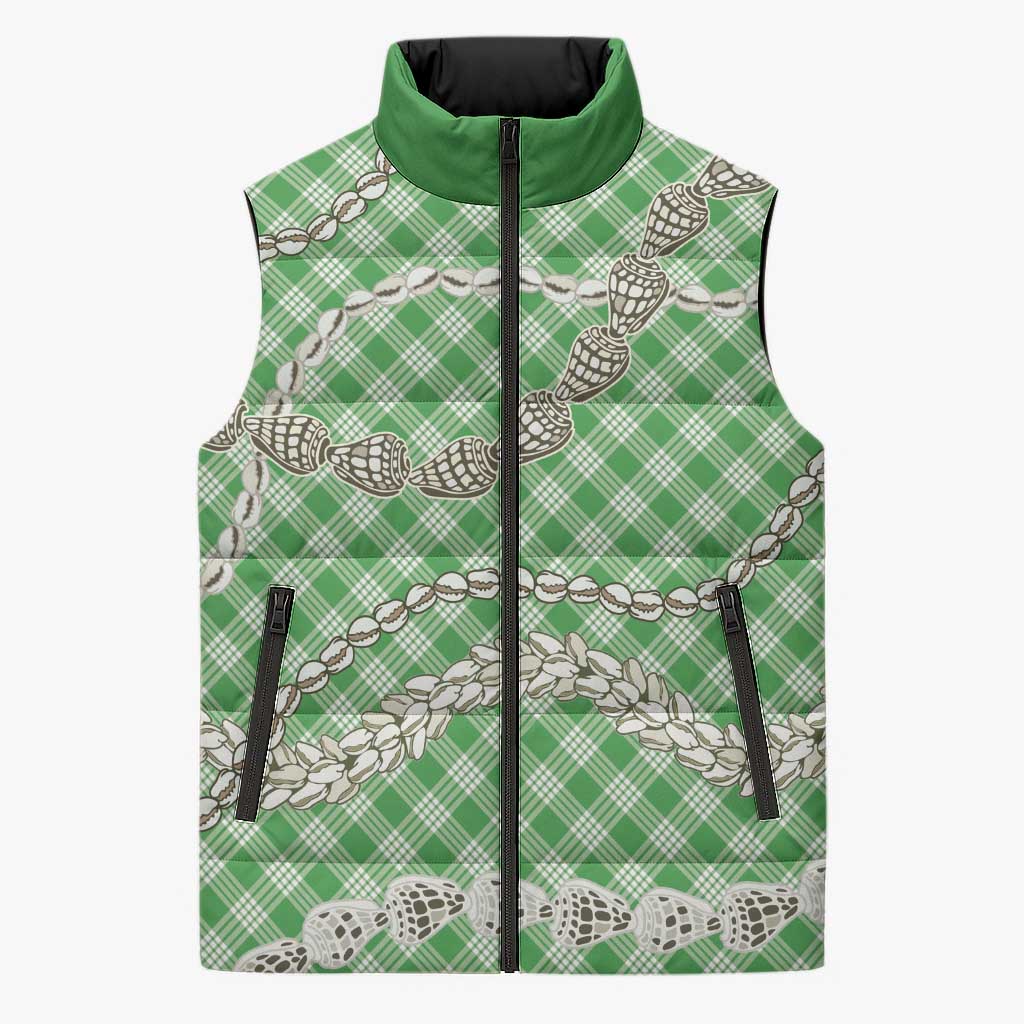 Green Aloha Hawaii Shell Lei Sleeveless Puffer Jacket Palaka Hebrew Cone Honey Cowrie Elegant Curves - Polynesian Pride