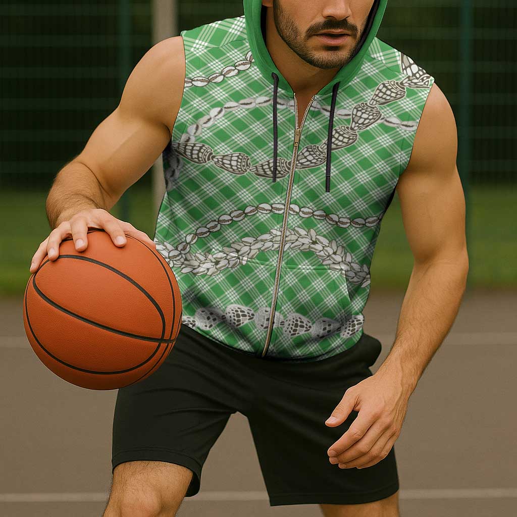 Green Aloha Hawaii Shell Lei Sleeveless Zip Hoodie Palaka Hebrew Cone Honey Cowrie Elegant Curves - Polynesian Pride