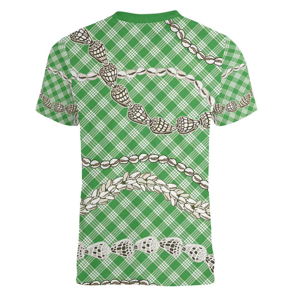 Green Aloha Hawaii Shell Lei Women V-Neck T-Shirt Palaka Hebrew Cone Honey Cowrie Elegant Curves - Polynesian Pride