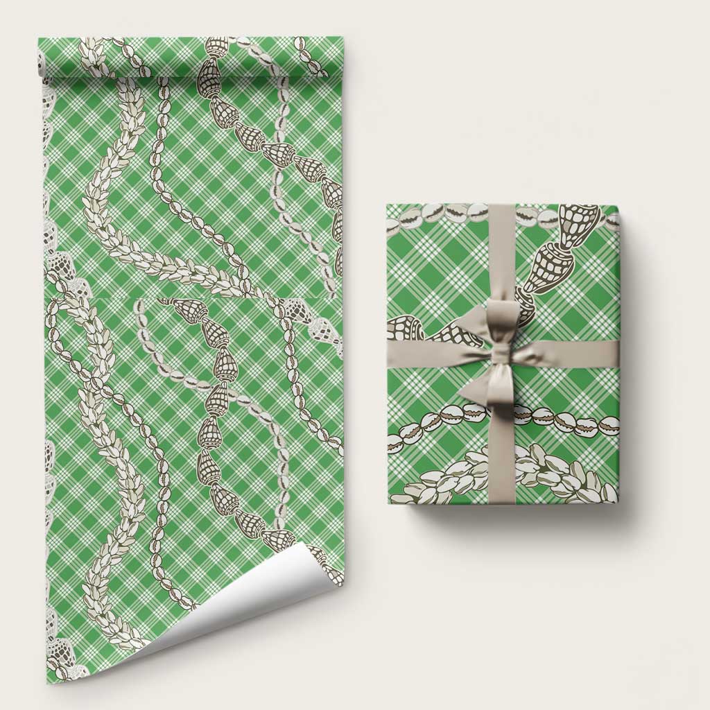 Green Aloha Hawaii Shell Lei Wrapping Paper Palaka Hebrew Cone Honey Cowrie Elegant Curves LT14 58" × 23" Green - Polynesian Pride