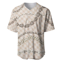 Beige Aloha Hawaii Shell Lei Baseball Jersey Palaka Hebrew Cone Honey Cowrie Elegant Curves - Polynesian Pride