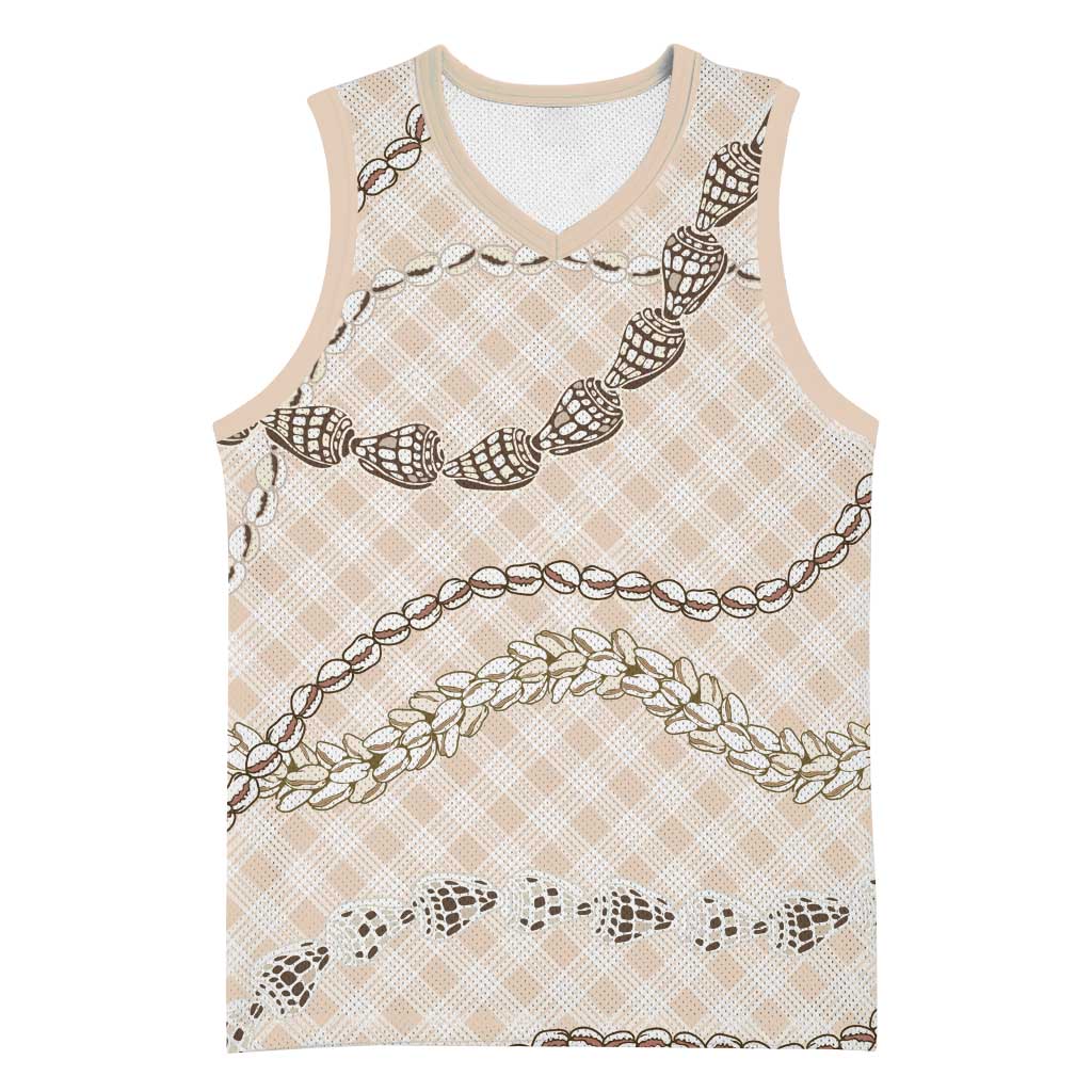 Beige Aloha Hawaii Shell Lei Basketball Jersey Palaka Hebrew Cone Honey Cowrie Elegant Curves - Polynesian Pride