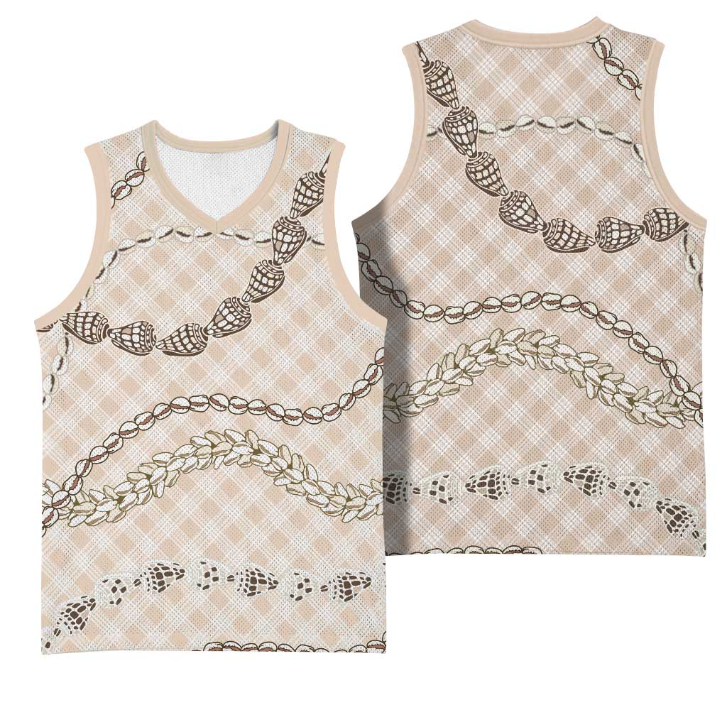 Beige Aloha Hawaii Shell Lei Basketball Jersey Palaka Hebrew Cone Honey Cowrie Elegant Curves - Polynesian Pride