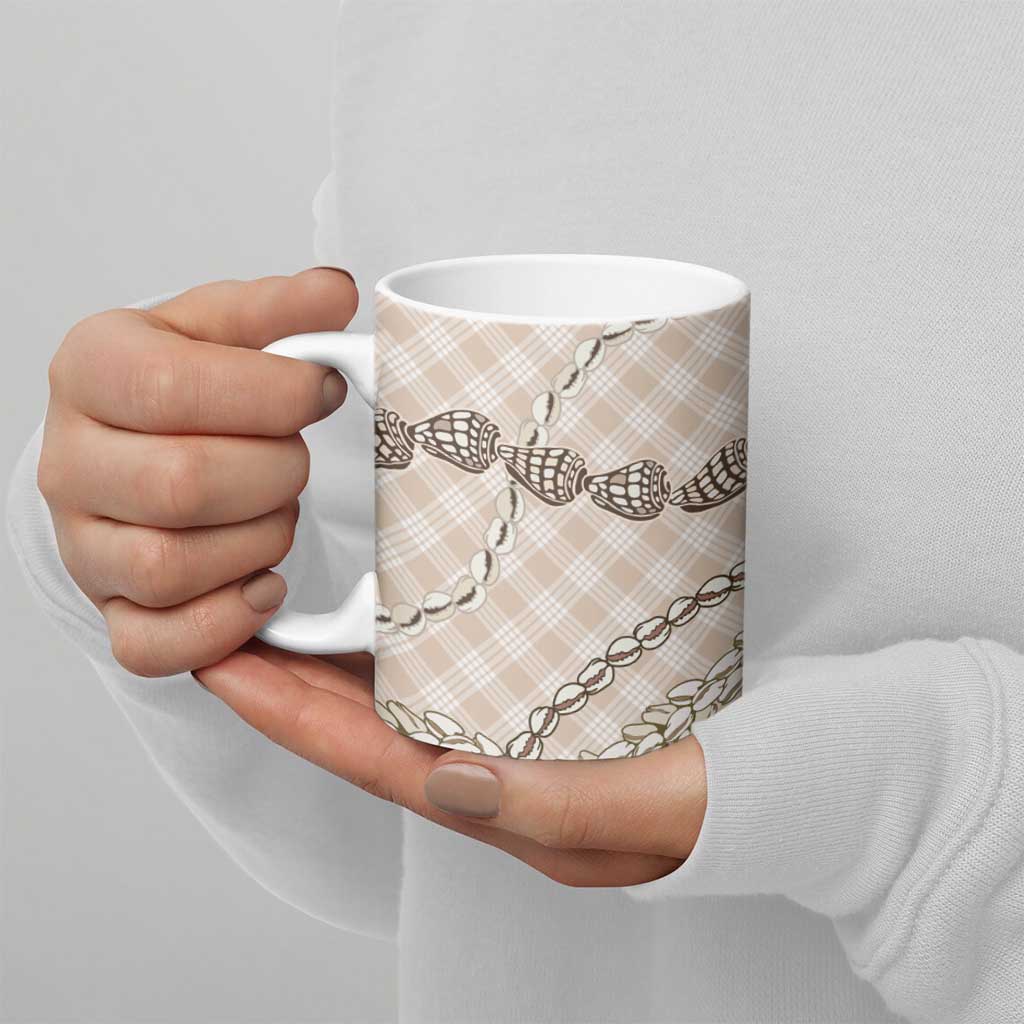 Beige Aloha Hawaii Shell Lei Ceramic Mug Palaka Hebrew Cone Honey Cowrie Elegant Curves - Polynesian Pride