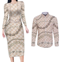 Beige Aloha Hawaii Shell Lei Couples Matching Long Sleeve Bodycon Dress and Long Sleeve Button Shirt Palaka Hebrew Cone Honey Cowrie Elegant Curves - Polynesian Pride