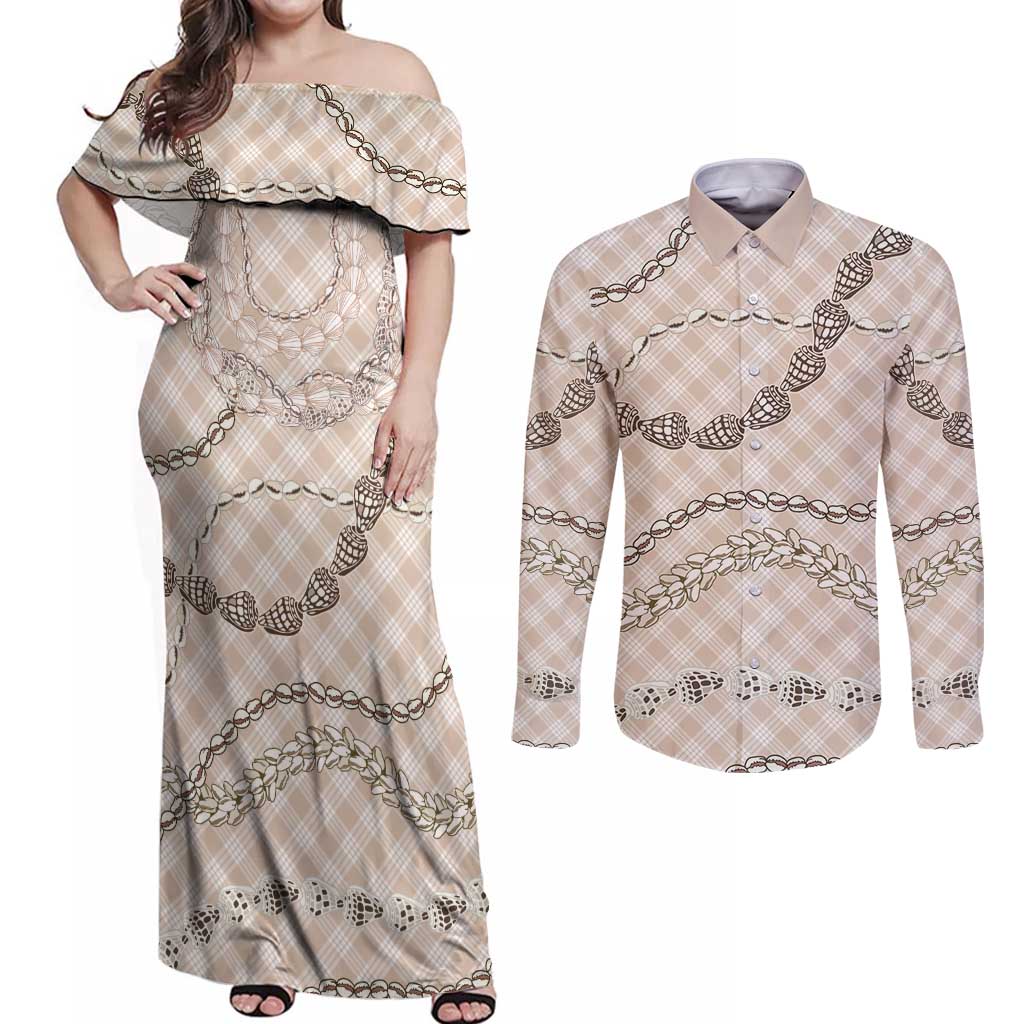 Beige Aloha Hawaii Shell Lei Couples Matching Off Shoulder Maxi Dress and Long Sleeve Button Shirt Palaka Hebrew Cone Honey Cowrie Elegant Curves - Polynesian Pride