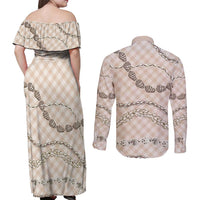 Beige Aloha Hawaii Shell Lei Couples Matching Off Shoulder Maxi Dress and Long Sleeve Button Shirt Palaka Hebrew Cone Honey Cowrie Elegant Curves - Polynesian Pride