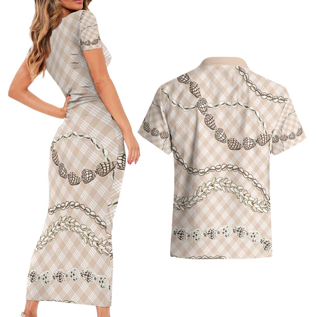 Beige Aloha Hawaii Shell Lei Couples Matching Short Sleeve Bodycon Dress and Hawaiian Shirt Palaka Hebrew Cone Honey Cowrie Elegant Curves - Polynesian Pride