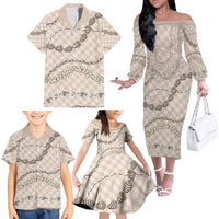 Beige Aloha Hawaii Shell Lei Family Matching Off The Shoulder Long Sleeve Dress and Hawaiian Shirt Palaka Hebrew Cone Honey Cowrie Elegant Curves - Polynesian Pride