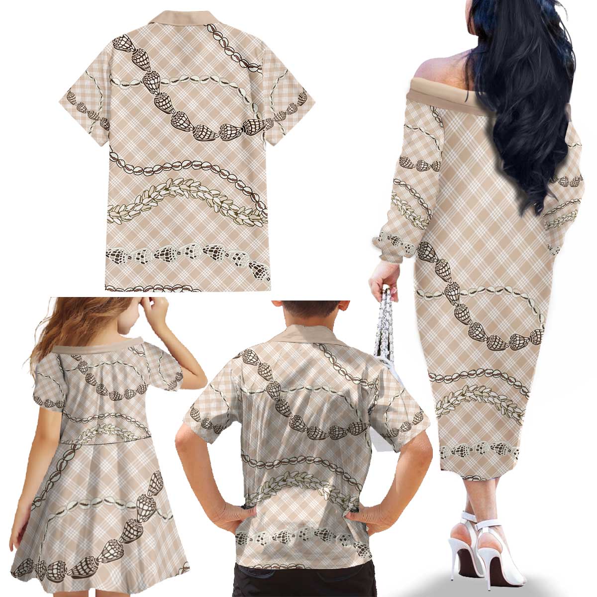 Beige Aloha Hawaii Shell Lei Family Matching Off The Shoulder Long Sleeve Dress and Hawaiian Shirt Palaka Hebrew Cone Honey Cowrie Elegant Curves - Polynesian Pride