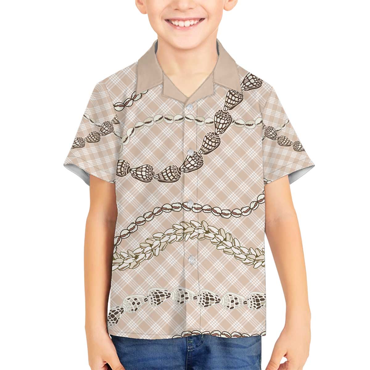 Beige Aloha Hawaii Shell Lei Family Matching Off The Shoulder Long Sleeve Dress and Hawaiian Shirt Palaka Hebrew Cone Honey Cowrie Elegant Curves - Polynesian Pride