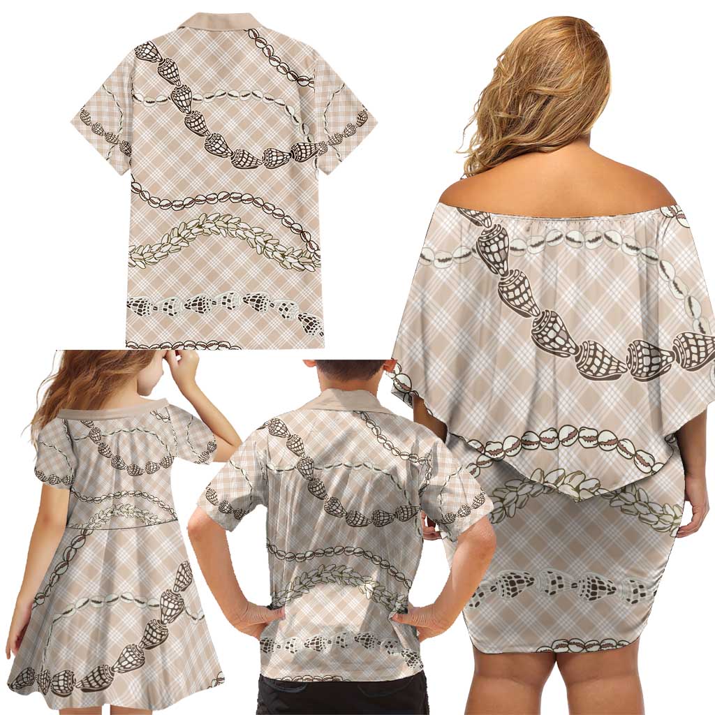 Beige Aloha Hawaii Shell Lei Family Matching Off Shoulder Short Dress and Hawaiian Shirt Palaka Hebrew Cone Honey Cowrie Elegant Curves - Polynesian Pride