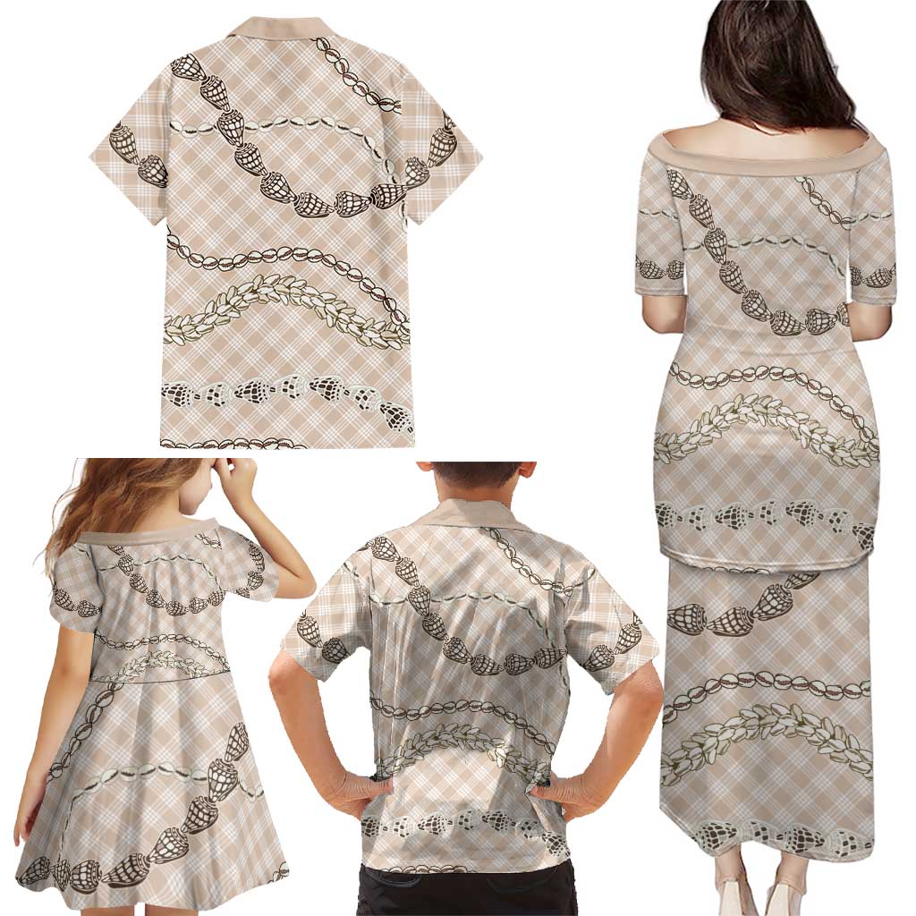 Beige Aloha Hawaii Shell Lei Family Matching Puletasi and Hawaiian Shirt Palaka Hebrew Cone Honey Cowrie Elegant Curves - Polynesian Pride